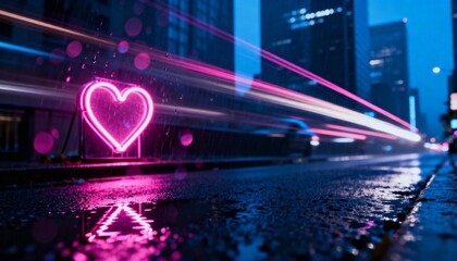 Glowing neon heart sign reflecting in puddle on wet asphalt downtown, with light trails, copy space