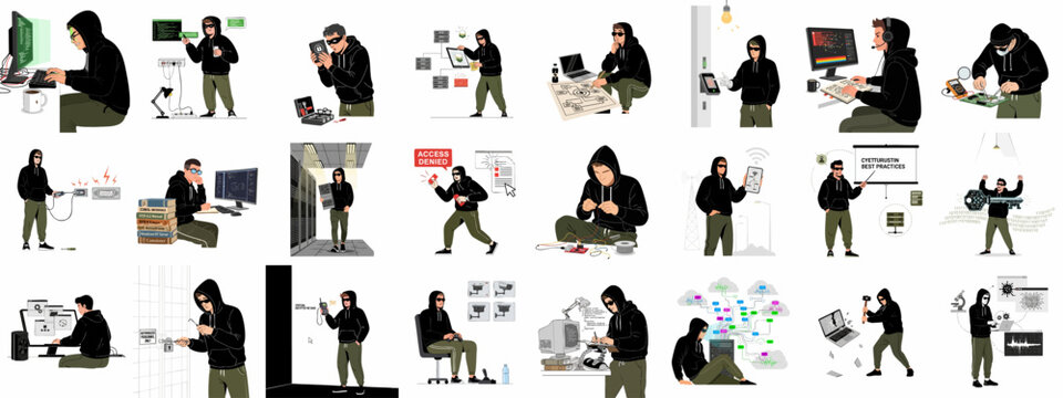 Collection of illustrations depicting hackers and IT professionals engaged in cybercrime, coding, data security breaches, physical system compromise, and digital espionage.