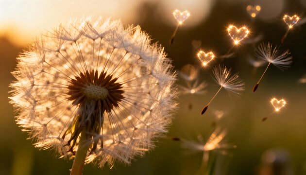 Glowing backlit dandelion seed head shedding seeds across meadow at golden hour, with heart bokeh