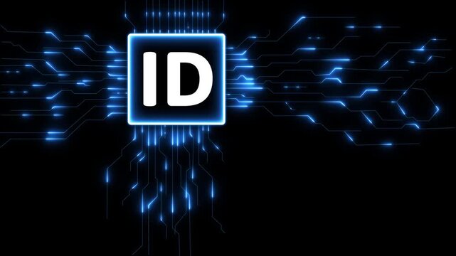 Glowing neon ID technology neon line circuit symbol icon on black background
