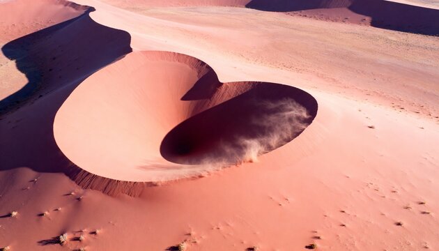 Revealing crescent dune forming steep slipface and basin in aerial desert, sand plume rising