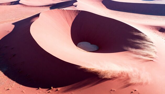 Shifting large bowl-shaped dune shedding wind-blown sand down leeward slope at desert field