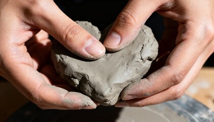 Shaping adult hands molding gray clay into rough heart on potter wheel edge, with residue