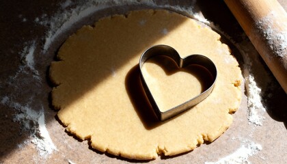 Pressing heart cookie cutter into rolled cookie dough on kitchen counter, with floured rolling pin