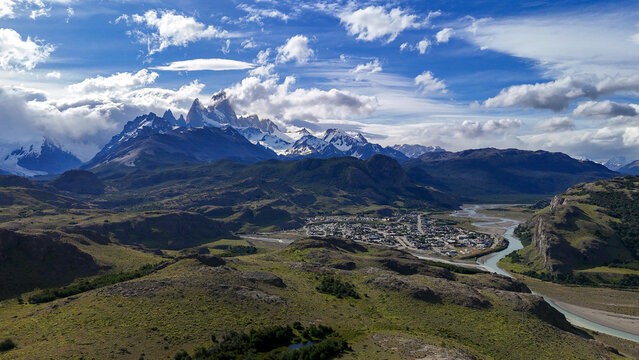 High angle aerial view of El Chalt&eacute;n village and Mount Fitz Roy in the Argentine Patagonia