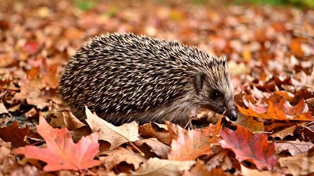 Hedgehog walking through fallen autumn leaves. Small wild animal foraging in colorful fall foliage. Nature and wildlife in autumn season
