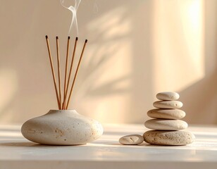 Meditation Concept with Incense and Stone Balance