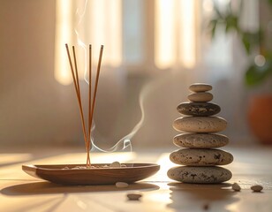 Meditation Concept with Incense and Stone Balance