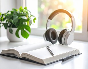 Online Learning Concept with Headphones and Open Book (Blank Pages)