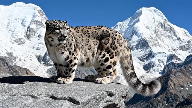 Snow leopard standing on a rocky ledge in the high mountains. Majestic predator surveying the alpine landscape with snow-capped peaks. Wildlife conservation concept