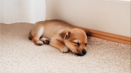 Fototapeta premium Small dog sleeping peacefully on the floor in a cozy corner creating a relaxing atmosphere in a home environment