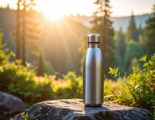 Eco-Friendly Reusable Water Bottle on Hiking Rock (Unbranded)