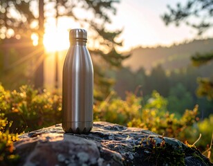 Eco-Friendly Reusable Water Bottle on Hiking Rock (Unbranded)