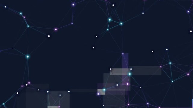 Abstract digital plexus network animation over a dark background. Glowing nodes and connecting lines represent data flow, neural networks, or global communication. Features subtle glitching elements. 