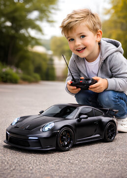 Happy child playing with remote control sports car outdoors