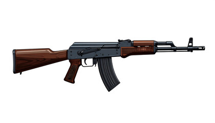 Stylized digital illustration of AK‑47 rifle with wooden stock and curved magazine, clean design for military or gaming visuals.