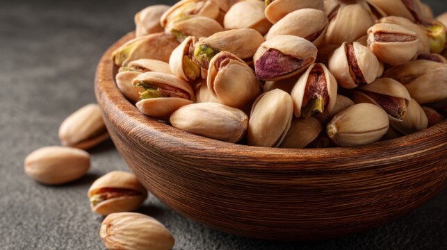 Bowl of pistachios is on a table. The bowl is full of pistachios and there are some on the table
