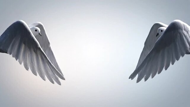Two symmetrical white doves flying toward each other in serene gray gradient digital illustration