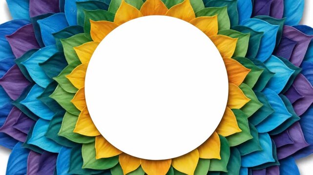 Colorful mandala frame with central white copy space. Symmetrical leaf pattern in blue green and yellow. Framing a central white circle. Copy space for text
