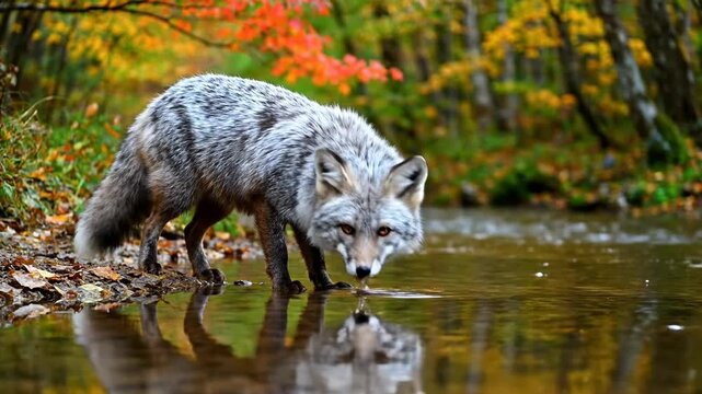 Silver fox drinking from a forest stream during autumn. Wide shot of a wild animal in a colorful fall landscape. Nature and wildlife concept
