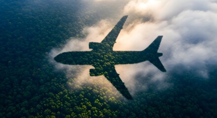 Fototapeta premium Eco-Friendly Plane Silhouette Over Green Forest Sustainable Travel