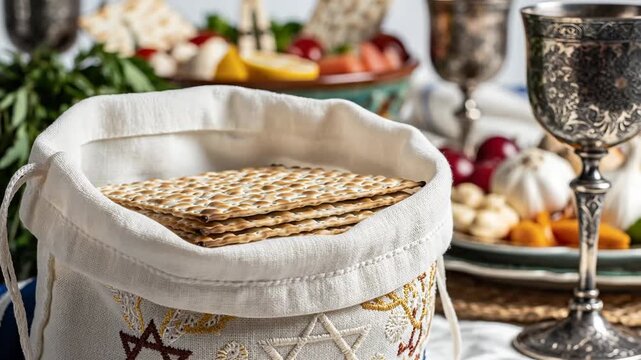 Traditional Passover Seder table setting with Matzah in an embroidered bag. Jewish holiday meal with Kiddush cup and ceremonial plate