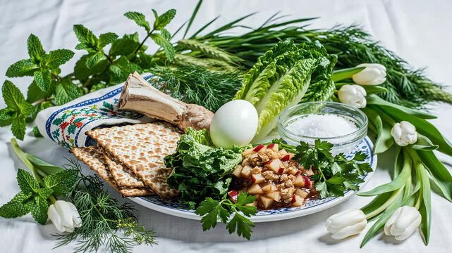Passover Seder plate with traditional symbolic foods and spring flowers. Arrangement of Matzah, Maror, Charoset, and egg for Jewish holiday