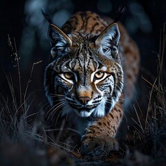 A lynx with piercing gaze approaches the camera. Its spotted fur blends with a forest environment. The animal is in clear focus