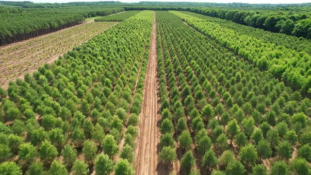 Aerial drone view of a tree plantation with symmetrical rows of saplings. Reforestation and sustainable forestry concept. Earth Day environmental conservation