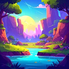 Cartoon landscape with river flowing between cliffs, grass, and trees. Bright sun shines in the sky