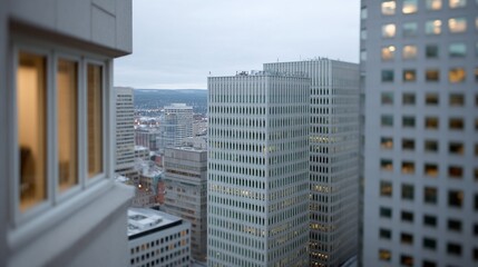 Urban skyline from office window, modern high rise towers and city streets in cool dusk light, corporate travel backdrop with calm winter mood