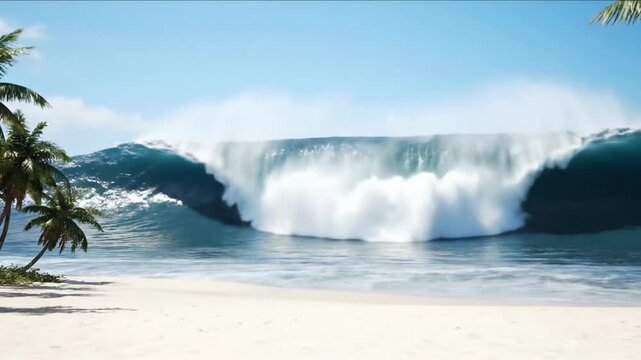 Wide shot of a colossal ocean wave breaking on a tropical beach. Massive wall of water crashing near a shore with palm trees. Power of nature concept
