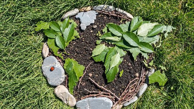 World map made of soil and leaves on green grass with a ladybug. Organic global environment and Earth Day concept. Top view of natural earth symbol