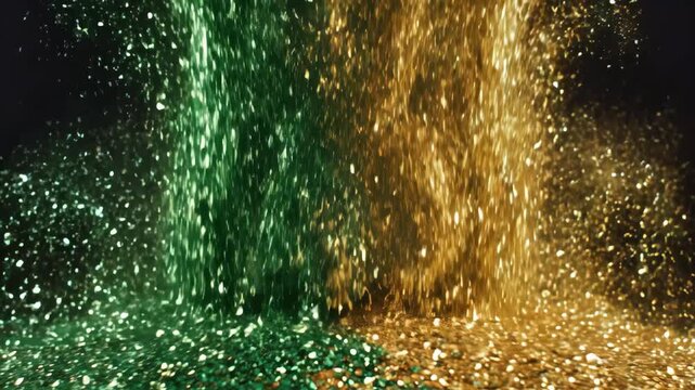 Sparkling Green and Gold Glitter Falling.