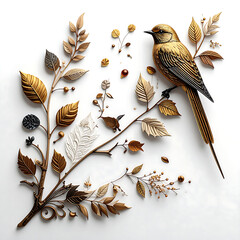 Gold bird on a branch with autumn leaves and decorative seed pods on white