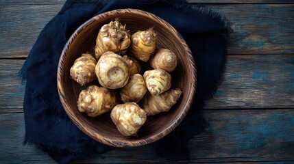Bowl of small, brown vegetables sits on a wooden table. The vegetables are arranged in a way that they are all facing the same direction. The bowl is filled with a variety of vegetables