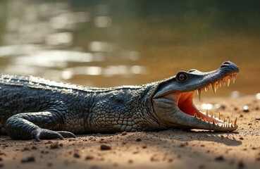Obraz premium Gavial reptile opens jaws showing sharp teeth while resting on sandy riverbank. This wild animal has scaly skin and looks alert, sun reflects on water.