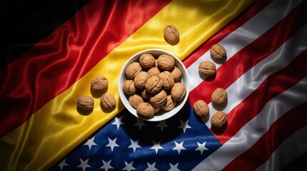 Spanish and US Flags Walnuts Trade Concept