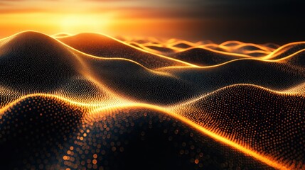 Abstract glowing landscape of rolling waves in warm gold, illuminated by a radiant sunset