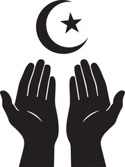 Fototapeta premium A silhouette of a human hands raised in a peace sign symbol against a moon and star Ramzan symbol 