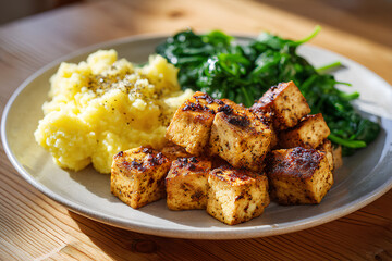 Fototapeta premium Grilled Tofu with Baby Spinach and Cauliflower Mash on Light Wooden Table for Diabetic Friendly Plant Based Senior Meal in Natural Light 