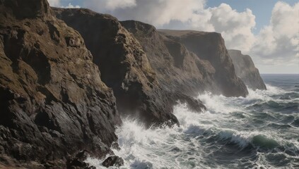 Fototapeta premium Coastal cliffs with crashing waves under a cloudy sky