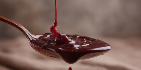 Dripping dark chocolate syrup pouring onto copper spoon creating delicious and tempting splash with smooth liquid surface showing sweet dessert ingredient concept for cooking background
