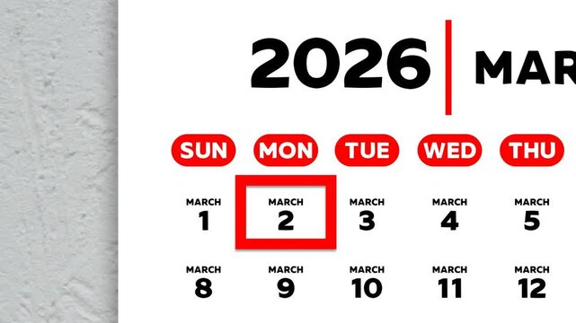 The date March 2nd marked with a red cursor on the wall calendar 2026