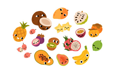 Cute tropical fruit guava, mango, soursop, pineapple, passion fruit, coconut clip art