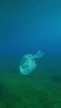 Vertical footage, Old white plastic bag drifts on blue water column above seabed covered with seagrass on sunny dat in sunbeams, Slow motion, Plastic pollution of the Ocean 