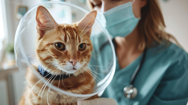 Female veterinarian caring for a cat wearing an Elizabethan collar after sterilization