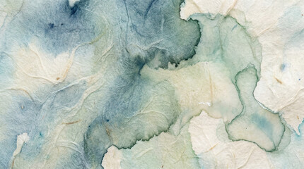 Naklejka premium Ethereal fluid art unfolding on crinkled paper, a serene blend of cool blues, misty greens, and creamy whites