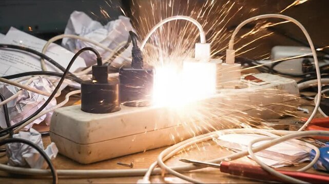 Power surge sparks overloaded extension cord and power strip causing hazard damage and electrical risk cluttered home technology setup urgent safety