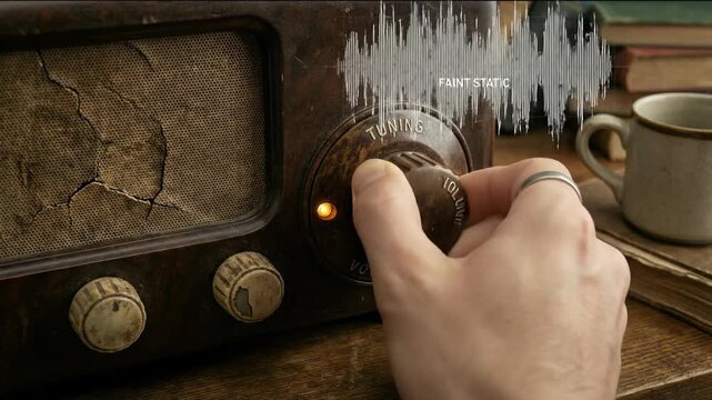 Hand adjusting vintage radio tuning knob with cracked speaker and cup on wooden local home table technology sound wave volume book
